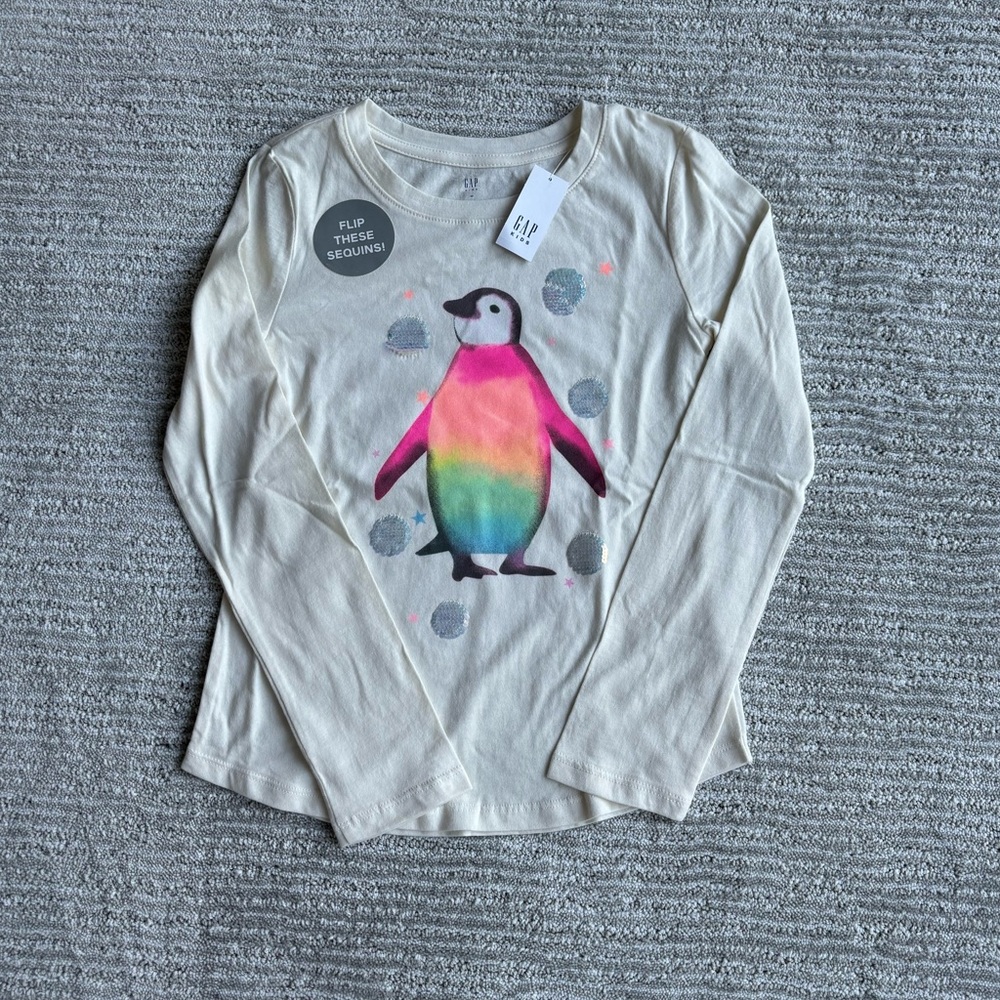 NWT GAP Cream and Pink Long Sleeve Tee with Penguin Graphic